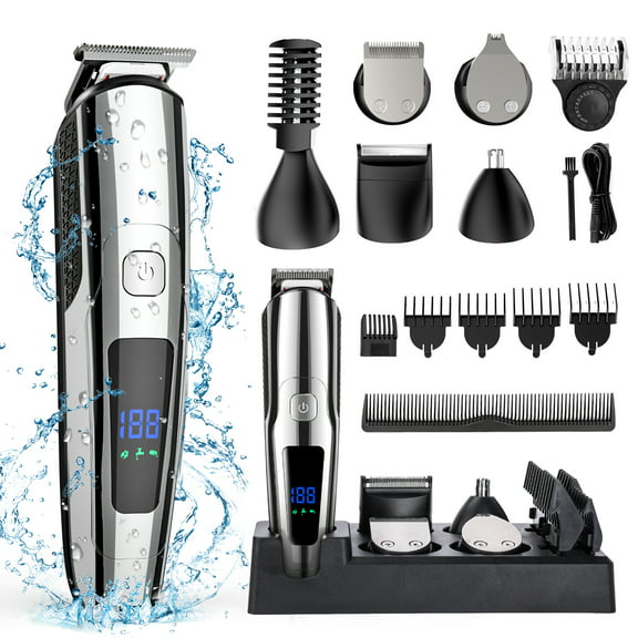 Hair Clipper for Men, All in One Grooming Kit IPX7 Waterproof, Cordless Electric Beard Trimmer, USB Rechargeable Body Mustache Nose Ear Facial Cutting Groomer for Wet/Dry W/ LED Display, Storage Dock
