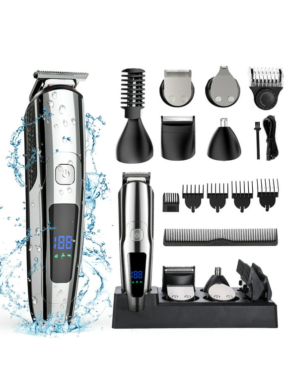 Hair Clipper for Men, All in One Grooming Kit IPX7 Waterproof, Cordless Electric Beard Trimmer, USB Rechargeable Body Mustache Nose Ear Facial Cutting Groomer for Wet/Dry W/ LED Display, Storage Dock