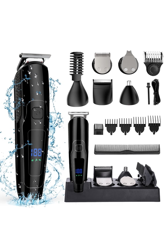 Hair Clipper for Men, All in One Grooming Kit IPX7 Waterproof, Cordless Electric Beard Trimmer, USB Rechargeable Body Mustache Nose Ear Facial Cutting Groomer for Wet/Dry W/ LED Display, Storage Dock
