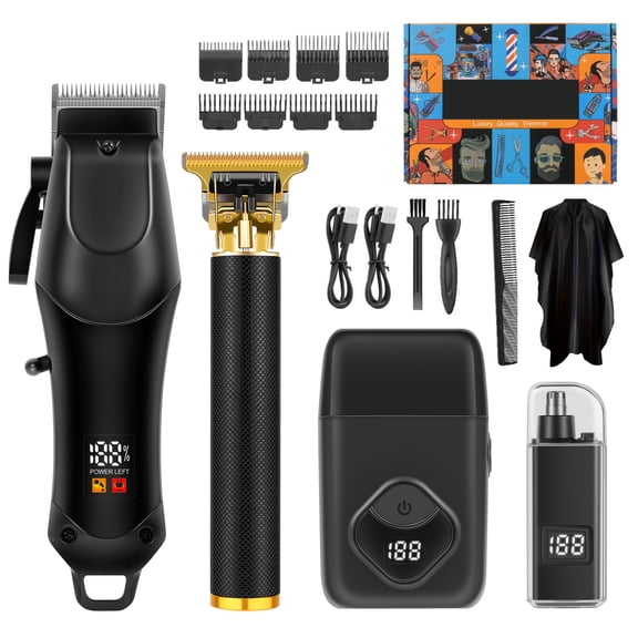 Hair Clippers for Men with LED Display, 4-in-1 Professional Cordless Grooming Kit with Hair Clipper, Beard Trimmer, Foil Shaver & Nose Trimmer, Complete Set for Home Barber