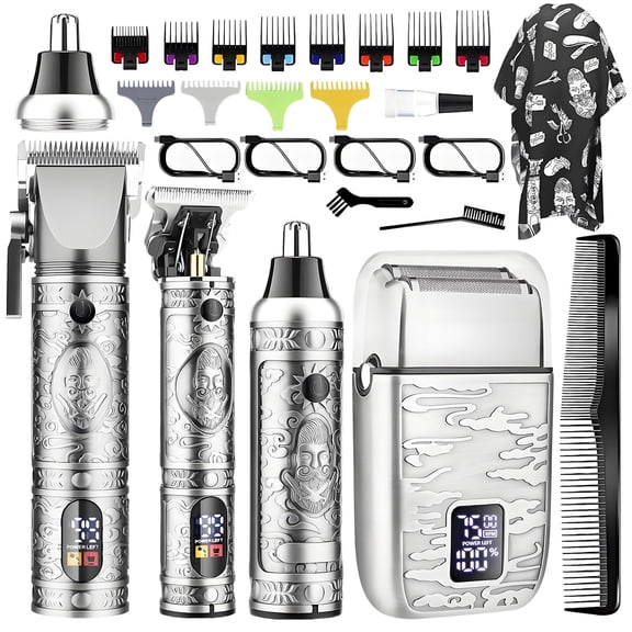 Hair Clippers for Men, Professional Beard Trimmer, Cordless Electric Nose Shaver Set of 4 for Men, Silver
