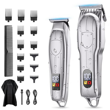Hair Clippers for Men, Professional Cordless Beard Trimmer Set, Rechargeable Barber Hair Cutting Grooming Kit & Zero Gap T-Blade Trimmer Combo with LED Display, 13 Premium Guards for Men Family Gift