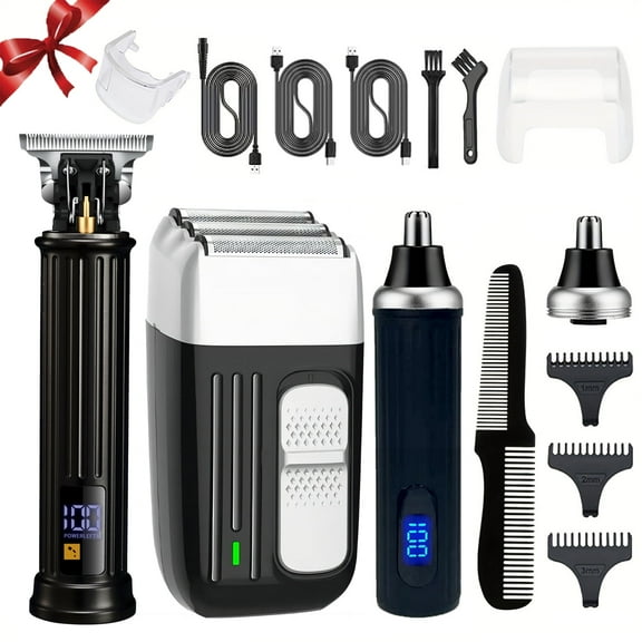 Hair Clippers for Men, Rechargeable T-Blade Hair Trimmer & Foil Shaver, Cordless Nose and Ear Hair Trimmer, Professional Hair Cutting Grooming Kit with LED Display