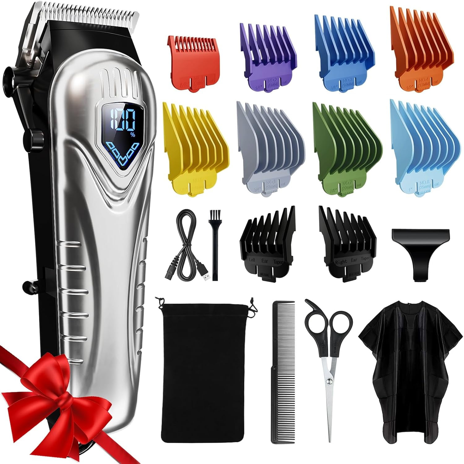 Hair Clippers for Men w/Battery Display, 5H Professional Hair Cutting Kit with 10 Combs, Rechargeable Barber Clippers Beard/Hair Trimmer with Scissors,Cape for Men