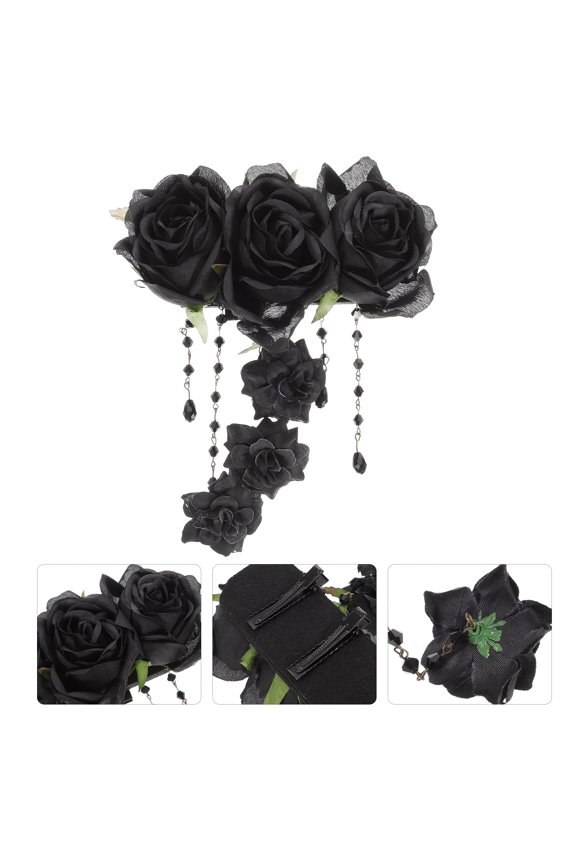 Rose Skull Side Hair Clips Black Fabric Hair Accessory For Women 1 Pair