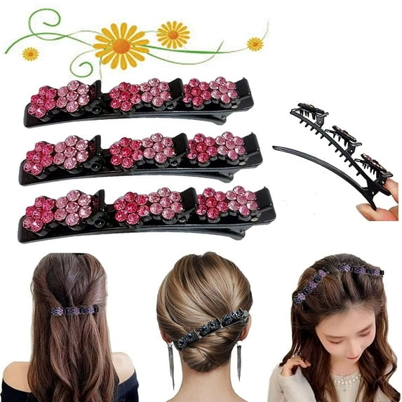 Hair Clips, Double Bangs Hair Clip, Braided Hair Clip With Rhinestones, Hair Clip With 3 Small Clips, Satin Fabric Hair Bands (rose pink)