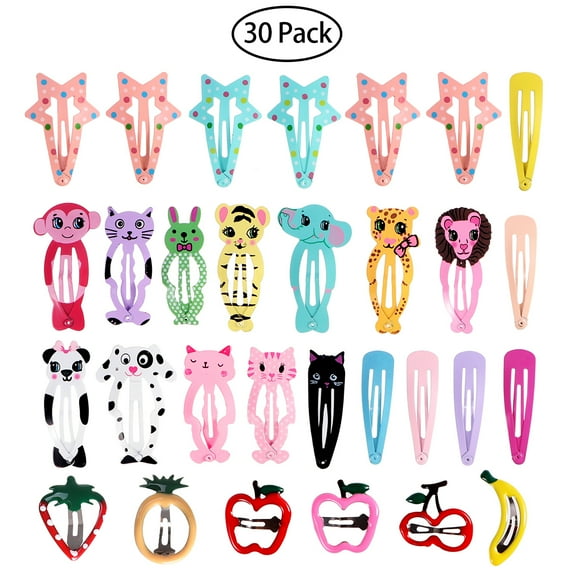 Hair Clips for Girls,30 Pcs Cute Snap Hair Clips Barrettes for Women Teens Girls Kids,Colorful No Slips Metal Fruit Animal Hair Clips for Birthday Party Christmas Gift(Animals Fruits Pentagram)
