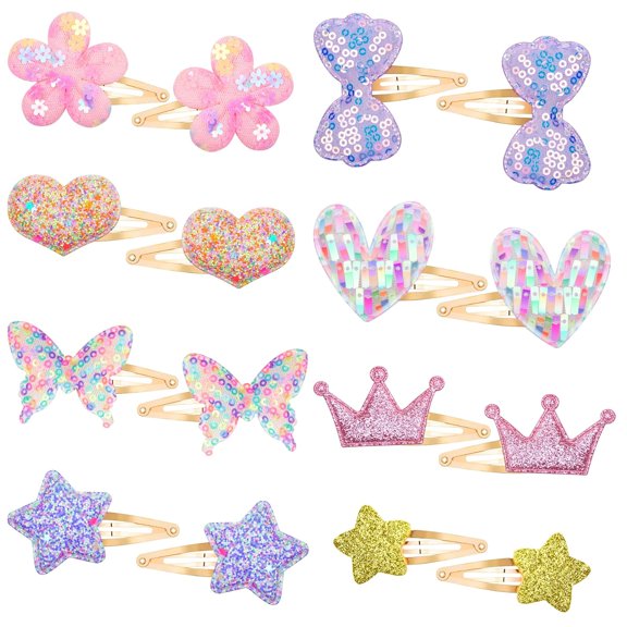 Hair Clips Set: 16 Sparkly Metal Snap Barrettes for Girls, Flower/Star/Crown/Heart/Butterfly Shaped Styling Accessories