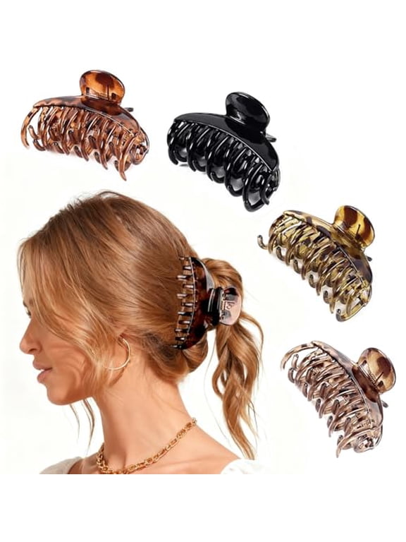 Hair Clips for Women and Girls,4 Pack 2.5 Inch Tortoise Shell Hair Claw Clips Double Row Teeth Plastic Durable Medium Hair Jaw Clips Hair Barrettes Strong Hold No Slip Thick Thin Hair Clips,Leopard