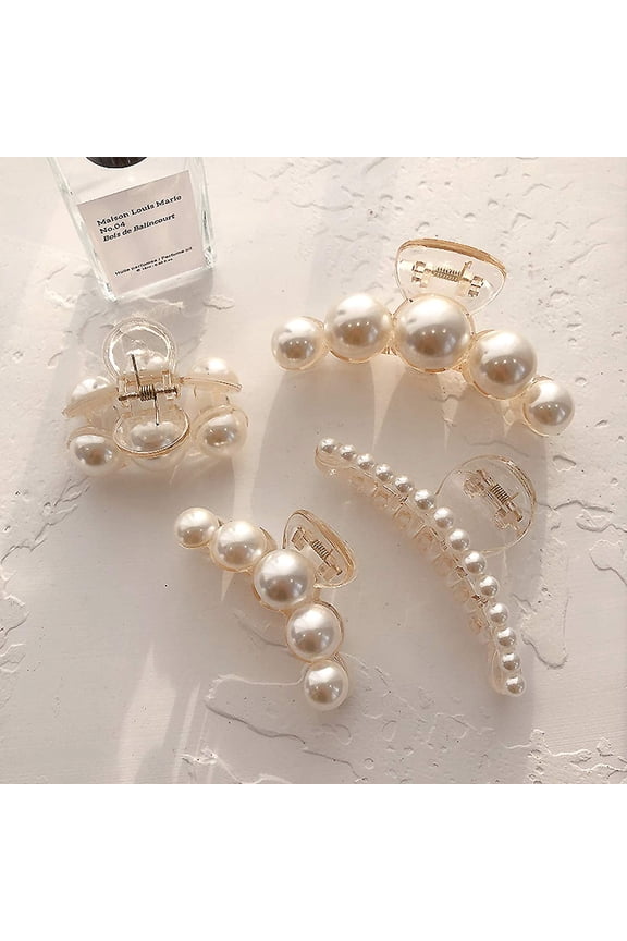 Hair Clips for Women, Large Pearl Hair Claw Clip Set Strong Hold No Slip, Banana Jaw Clip Barrettes, Hair Accessories Birthday Wedding Valentine's Day Gift for Girl Wife Styling Thick Thin (4 PCS)