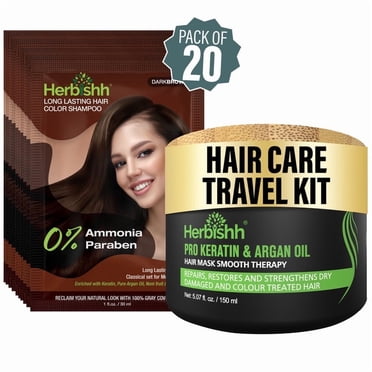Herbishh Hair Dye Shampoo Dark Brown Color 3-in-1 Travel Pack (30ml x20) + Keratin Argan Oil Hair Mask for Dry, Damaged & Color Treated Hair, 150ml, Long Lasting Hair Color, For Women & Men