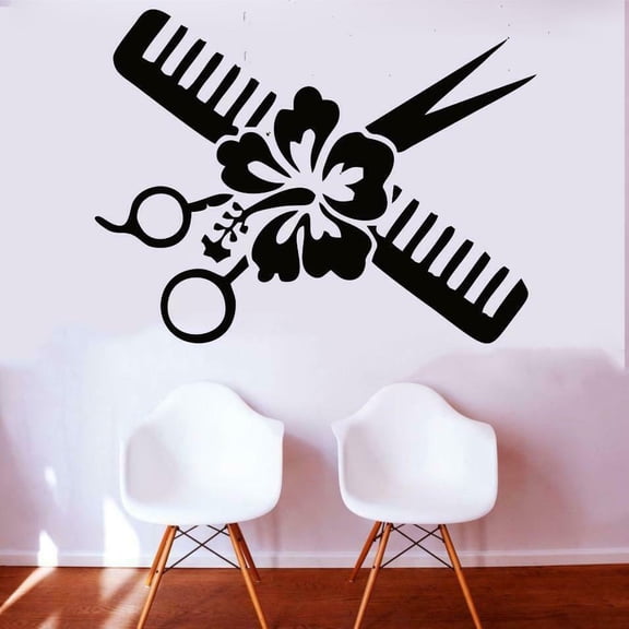 Hair Comb Hibiscus Wall Decal Hair Salon Barber Spa Wall Stickers Barber Shop Window Decor Business Decoration Vinyl Decal 42x32cm