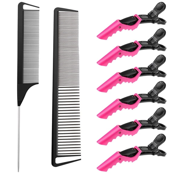 Hair Comb Set, 8 Pieces Rat Tail Combs, Teasing Combs, and Hand-held Alligator Clips, Carbon Fiber & Metal, for Hair Stylist, Braiding, Hair Women Girls, Daily Use