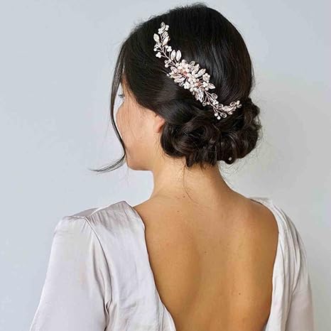 Vintage Rose Gold Hair Comb With Pearl & Champagne Beads - Wedding Bridal Hair Accessory For Women