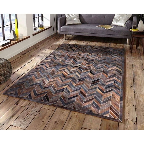 Hair on Cowhide Leather Area Rug 4×6 Ft, Brown & Black Chevron Herringbone Pattern, Low Pile Wool Backed Carpet for Living Room, Bedroom, Office & Modern Home Decor