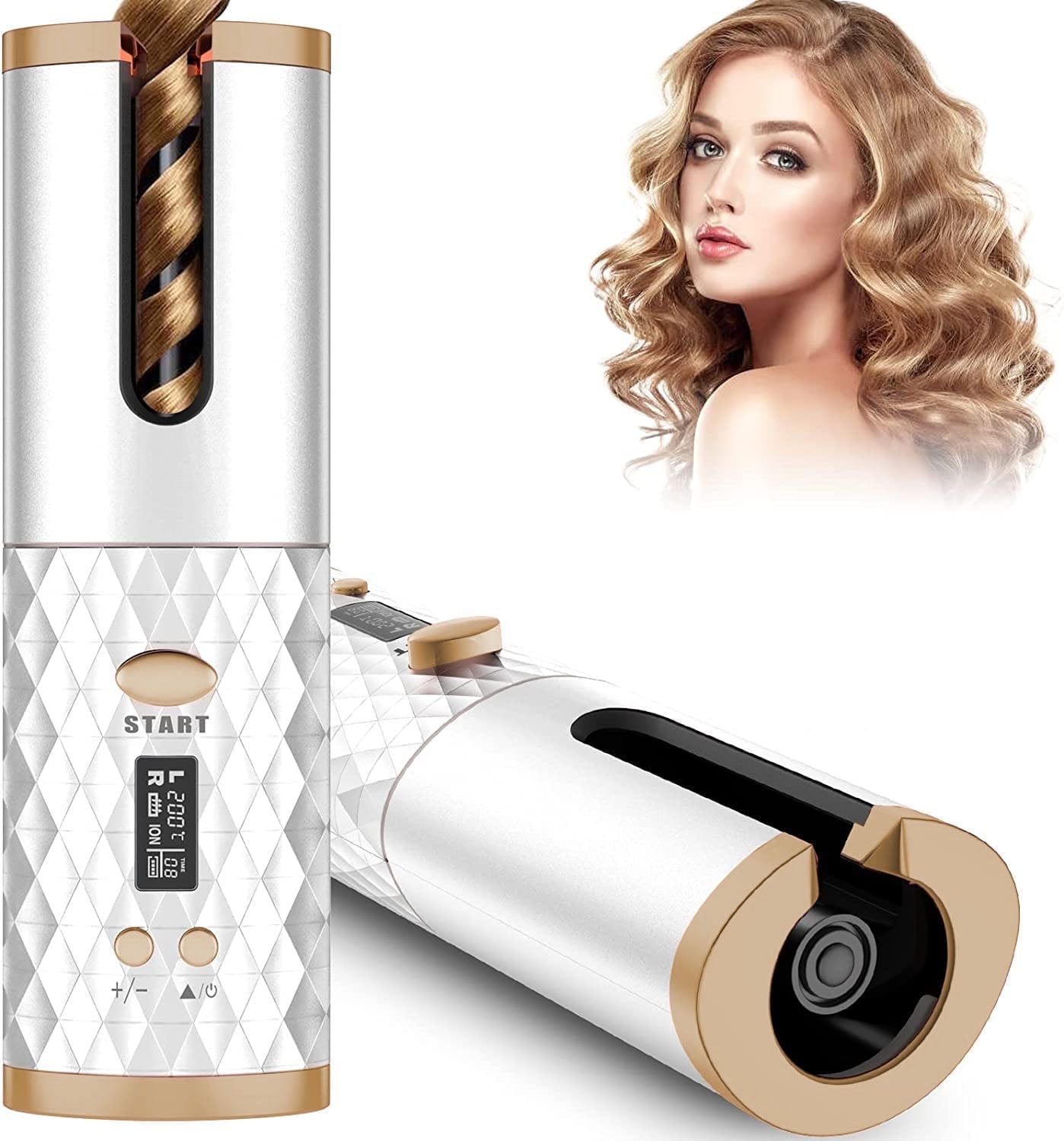 Cordless Hair Curler,Portable Hair Curler,Automatic Curling Iron, Rechargeable Hair Curler with 6 Temp & Timer LCD Display ,Fast Heating & Auto Shut Off Ceramic Rotating Hair Curler(White)