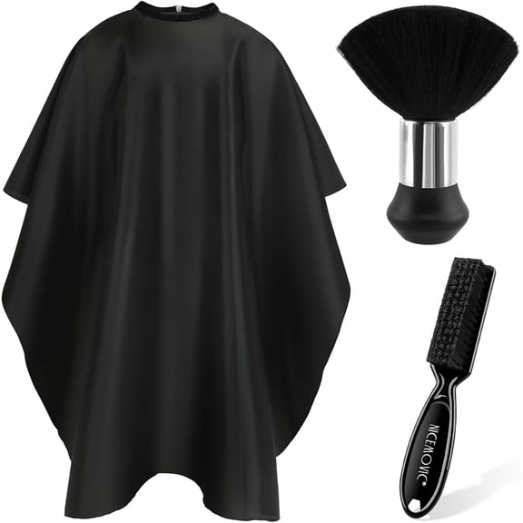 Hair Cutting Barber Cape with Neck Duster Brush and Barber Brush, Professional Barber Accessories Cleaning Supplies for Salon Haircut Styling (Black)