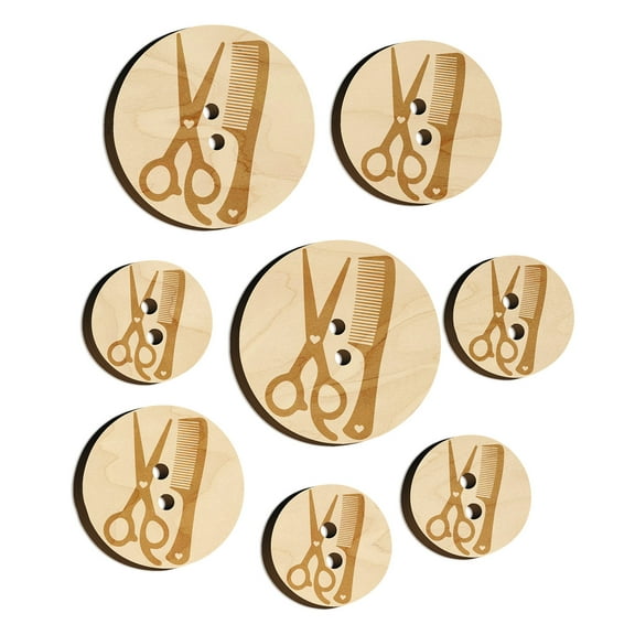 Hair Cutting Comb Scissors with Hearts Wood Buttons for Crochet Knitting Sewing DIY Craft - Various Sizes (8pcs)