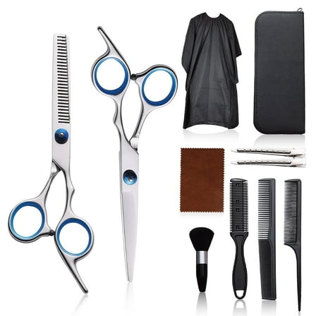 Hair Cutting Scissors Set - 11 Pcs Professional Stainless Barber Scissors Hairdressing Shears Kit with Barber Cape, Hair Cutting Kit for Women Men Kids Pet (Silver)