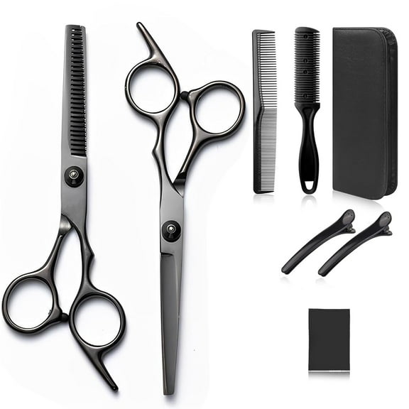 Hair Cutting Scissors Set,8 Pcs Stainless Steel Black Professional Hairdressing Shears Set for Women Men Home Salon