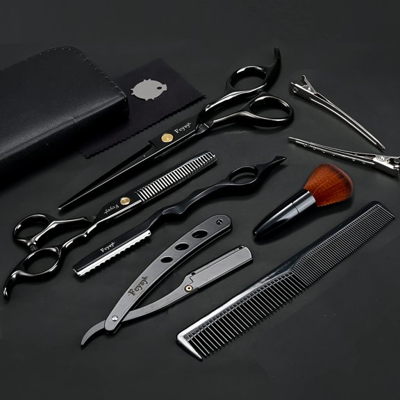 Hair Cutting Scissors Thinning Shears Kit for Haircutting, Fcysy Professional Barber Scissors Set, Black Haircut Scissor Blending Shears Straight Edge Razor Barber Supplies for Men Women
