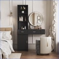 thumbnail image 1 of Hair Desks | Black Modern Storage Desk with Drawers, Cabinet & Hair Dryer Holes | MDF, Black, 1 of 18