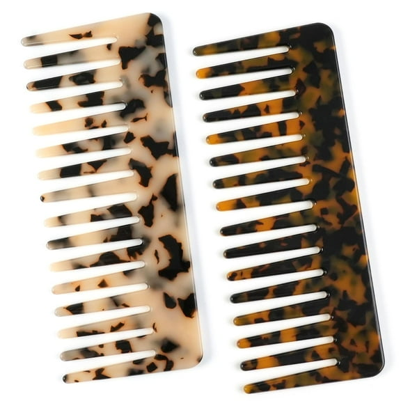 Hair Detangling Comb, 2 Pack Large Cellulose Acetate Wide Tooth Comb for Wet and Dry, Women's Thick Curly Wavy Hair (Tortoise Shell, Ivory)