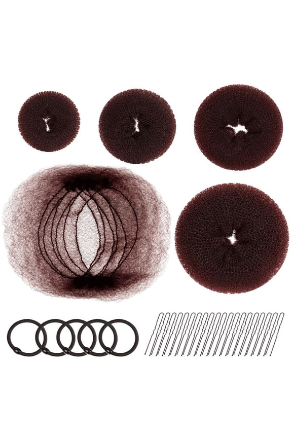 Hair Donut Bun Maker, FANDAMEI Hair Bun Shaper Set with 20 pcs Invisible Hair Nets for Bun, 4pcs Donut Bun Maker, 5 pcs Hair Elastic Bands, 20 pcs Hair Bobby Pins