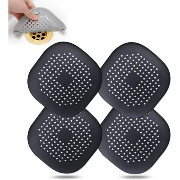 Hair Drain Catcher,Square Drain Cover for Shower Silicone Hair Stopper with Suction Cup,Easy to Install Suit for Bathroom,Bathtub,Kitchen 4 Pack (Jet Black)
