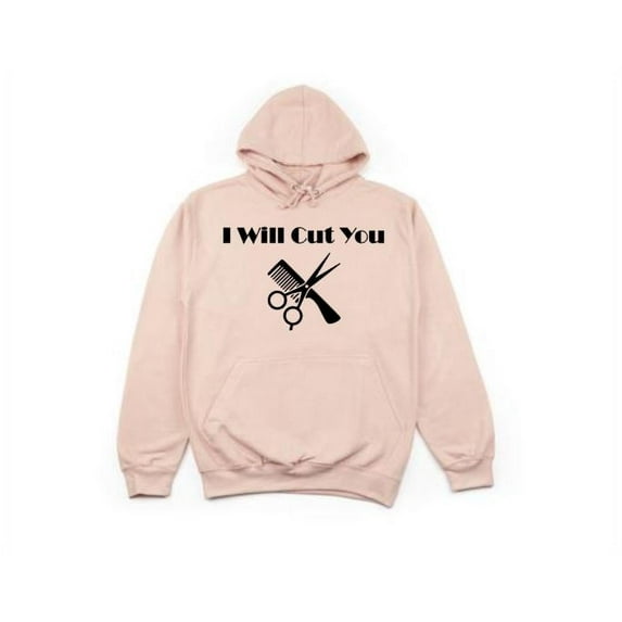 Hair Dresser Hoodie, I Will Cut You, Barber Hoodie, Gift For Barber, Salon Apparel, Gift For Hair Dresser, Haircut, Clippers, Comb, Hoodies, Peach (Black Text), LARGE
