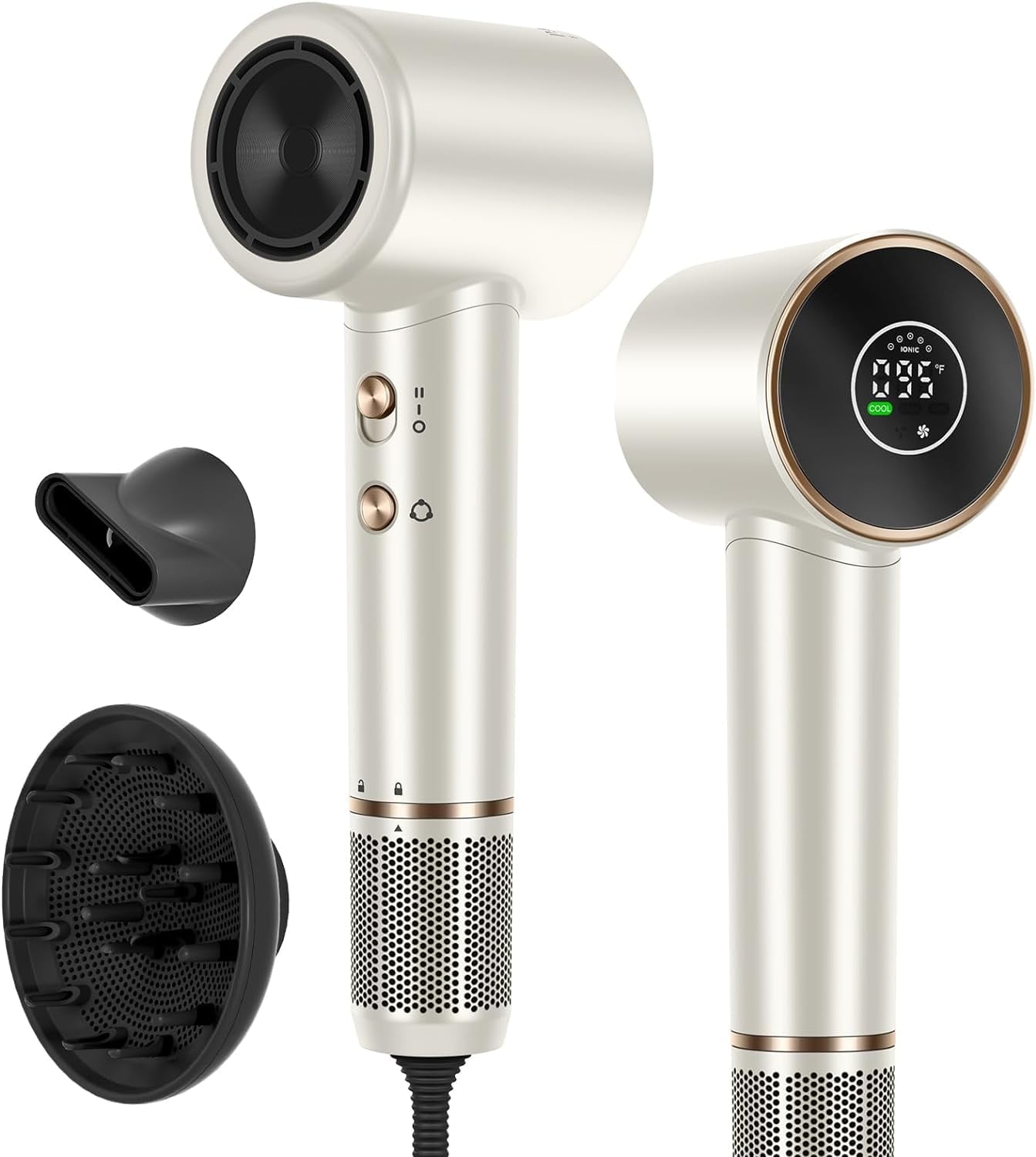 Hair Dryer, 110, 000 RPM Air-Sonic High-Speed Blow Dryer with Diffuser, Cool/Care/Dry Display & 200 Million Negative Ionic, PARWIN PRO BEAUTY 1875W Hairdryer for Home Travel, Champagne Silver