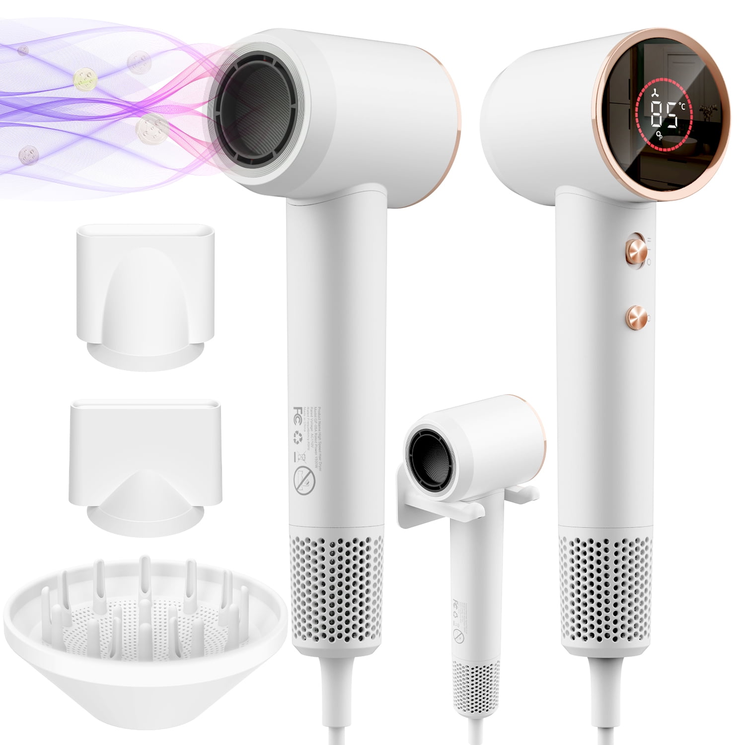 Hair Dryer, 160000 RPM Small High-Speed Travel Portable Blow Dryer for Curly Straightener Hair, Professional Quiet Negative Ionic Hair Dryer Nozzle, White