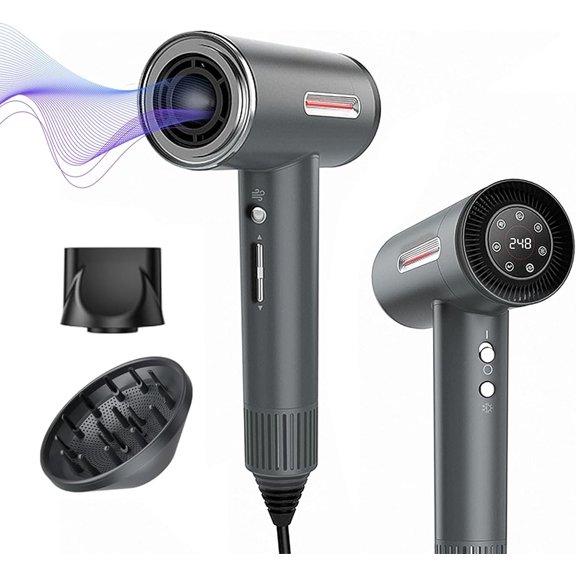 Hair Dryer, 180000 RPM Brushless , 1 Min Drying & No Heat , 600 Million Negative Ions with Concentrator & Diffuser, Salon-Level 7 Temp / 3 Speed, Digital Screen,Gunmetal