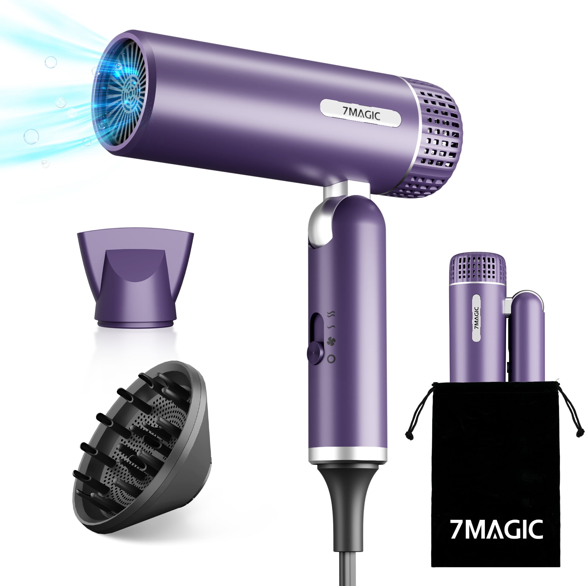 Women's Travel Hair Dryer: Lightweight, Ionic Fast Drying, Portable, 3 Temp, 2 Speed, Foldable, Purple