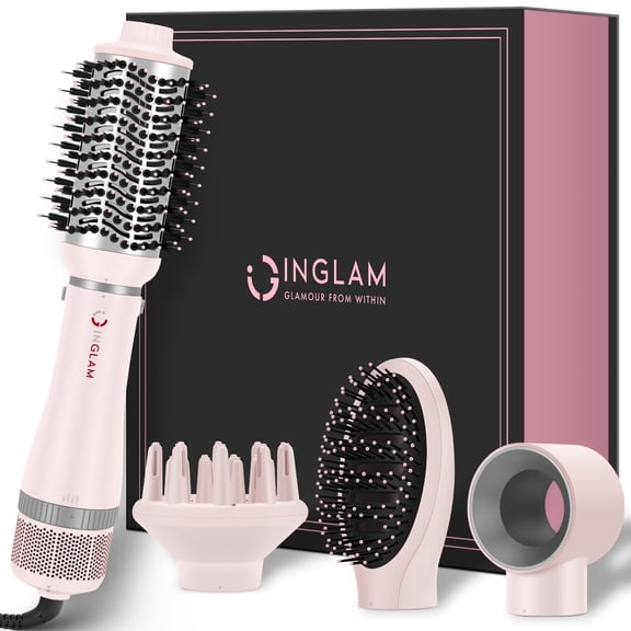 IG INGLAM 4 in 1 Hair Dryer Brush, Detachable Brush Hair Dryer, Negative Ion Blowout Brush for Straightening/ Drying/ Curling/ Styling, Pink