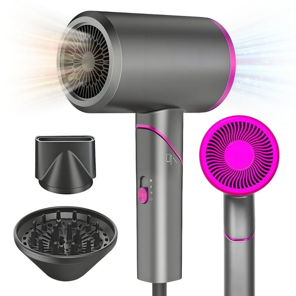 Hair Dryer with Diffuser, 1800W Professional Ionic Blow Dryer, Fast-Drying Hair Dryer with Foldable Handle, Nozzle for Home, Salon, Travel, Light Gray