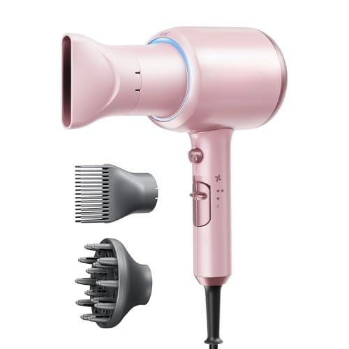 Hair Dryer with Diffuser, Blown Away Ionic Blow Dryer for Curly Hair with Comb, 1875W Fast Drying Hair Dryer with Ceramic Technology, 3 Attachments for All Hair Types, Light and Quiet, Pink
