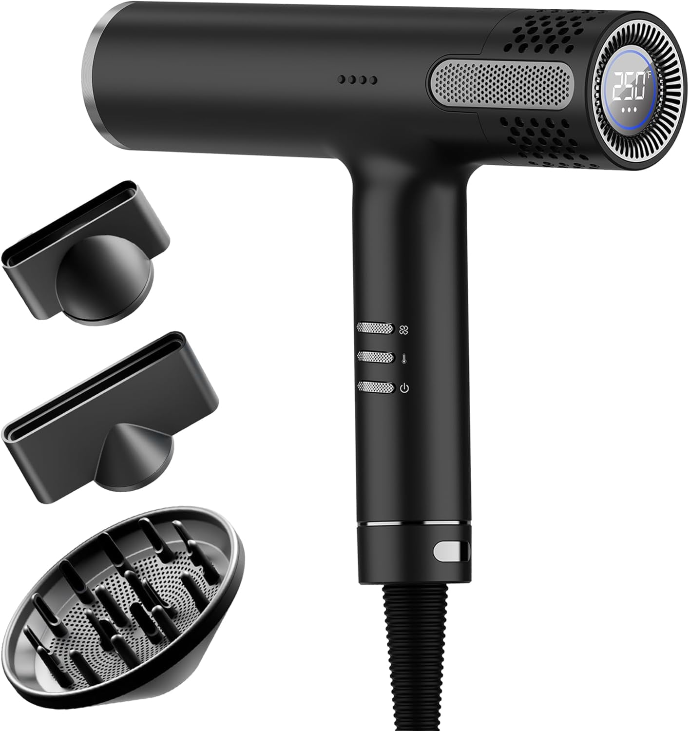 Hair Dryer with Diffuser, Professional Ionic Blow Dryer with High Speed Brushless Motor, Compact Design for Fast Drying, Intelligent Heat, Airflow Control with LED Display for All Hair Types