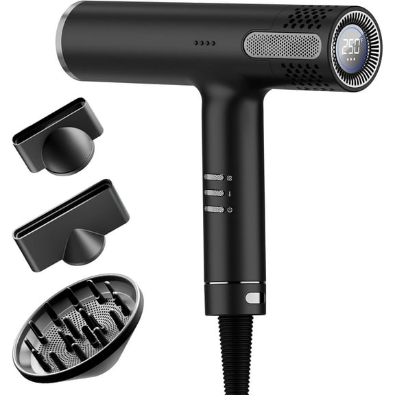 Hair Dryer with Diffuser, Professional Ionic Blow Dryer with High Speed Brushless Motor, Compact Design for Fast Drying, Intelligent Heat, Airflow Control with LED Display for All Hair Types