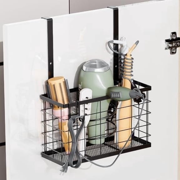 Hair Dryer Holder -3-in-1 Hair Tool Organizer Blow Dryer Holder Adjustable Height, Cabinet Door/Wall Mounted Bathroom Organizer Storage,Heat Safe Rack for Hair Straighteners, Curling Wands, Razor