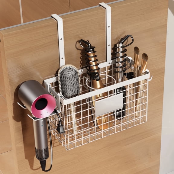 Sofinny 3-in-1 Hair Dryer Holder Hanging Cabinet Door/Adhesive Wall Mount/Countertop, Adjustable Height Hair Tool organizer Under Sink, Metal-White
