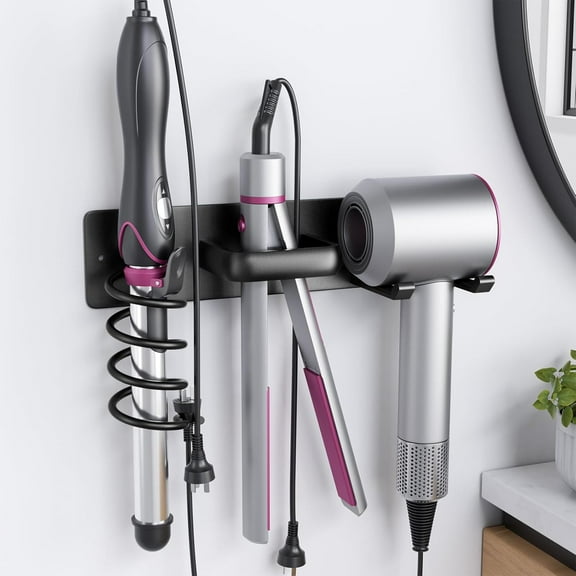Hair Dryer Holder Curling Iron Holder Flat Iron, Blow Dryer Holder Wall Mount, 3 in 1 Bathroom Hair Tool Organizer Rack for Universal Dryer, Matte Black