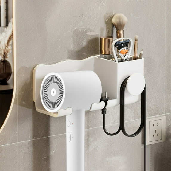 Hair Dryer Holder Curling Iron Holder Flat Iron, Blow Dryer Holder Wall Mount, 3 in 1 Bathroom Hair Tool Organizer Rack for Universal Dryer, Matte White
