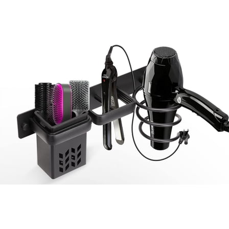 Hair Dryer Holder Hairdryer Station Wall Mounted Spiral Shelf Bracket Stand Hanger Straightener Organizer Blow Storage with Holes Rack For Bathroom Aluminum Professional (Black With Cup)