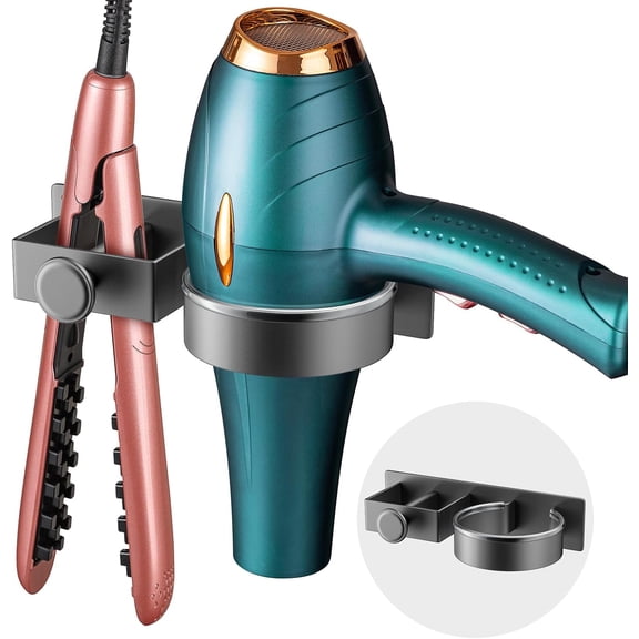 Hair Dryer Holder Hairdryer Straightener Station Wall Mounted/Self Adhesive Spiral Shelf Bracket Stand Hanger Organizer Blow Storage With Cable Tidy Rack For Dressing Table Bathroom Grey