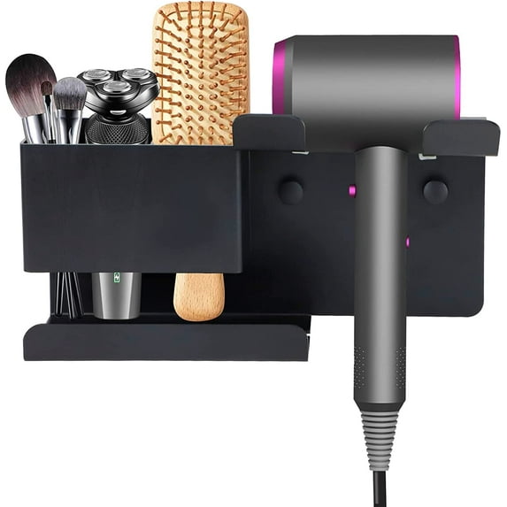 Hair Dryer Holder Wall Mounted, STONCEL Blow Dryer Holder for Bathroom, Aluminum Alloy Hair Dryer Rack, Muti-Function Hair Tool Organizer with Plug Hook (Black)