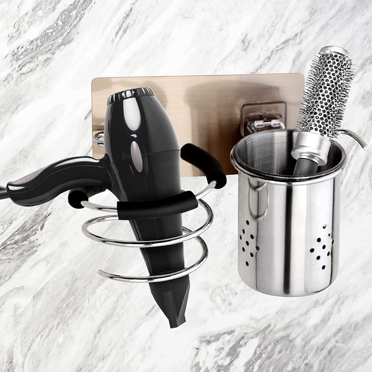 Hair Dryer Holder Wall Mounted, STONCEL Spiral Hair Dryer Rack No Drill, Stainless Steel Bathroom Storage Set with Cup f