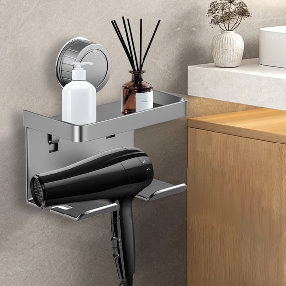 Hair Dryer Holder, Wall Mounted Suction Cup Storage Rack with Accessory Compartments, Non Perforated Bathroom Organizer for Hair Tools, No Drill Adhesive Mount, Alloy Waterproof Design