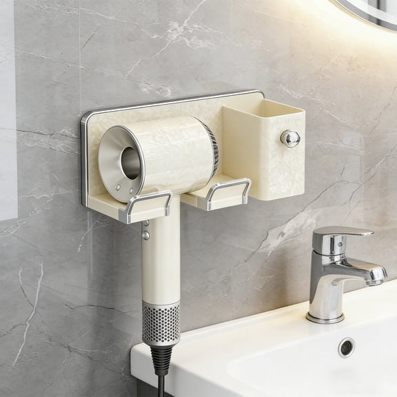 Hair Dryer Holder, Yrmaups No Drill Wall Mounted Hair Dryer Holder, Bathroom Organizer with Storage Bucket, Space Saving Shelf, Suction Cup Mount, for Blow Dryer Accessories, Shower Caddy