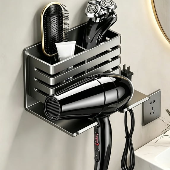 Hair Dryer Rack No Drill Wall Mounted Bathroom Storage, Metal Hair Dryer Holder with Side Compartment for Toiletries, Gray